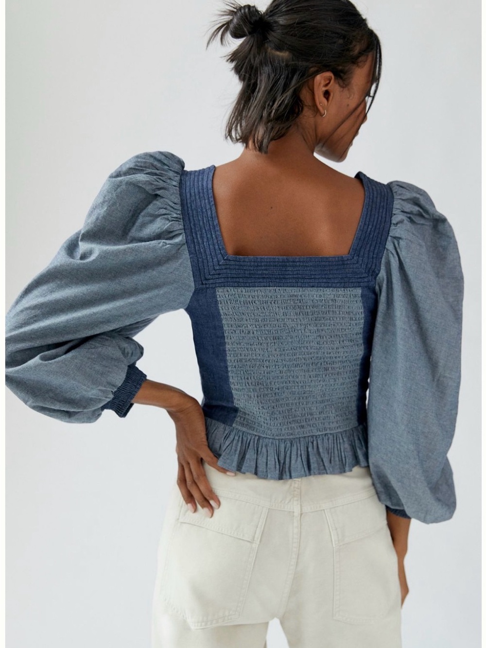 NWT Anthropologie Love the Label XS Chambray/Denim Smocked Full-Sleeved Blouse - Picture 10 of 14